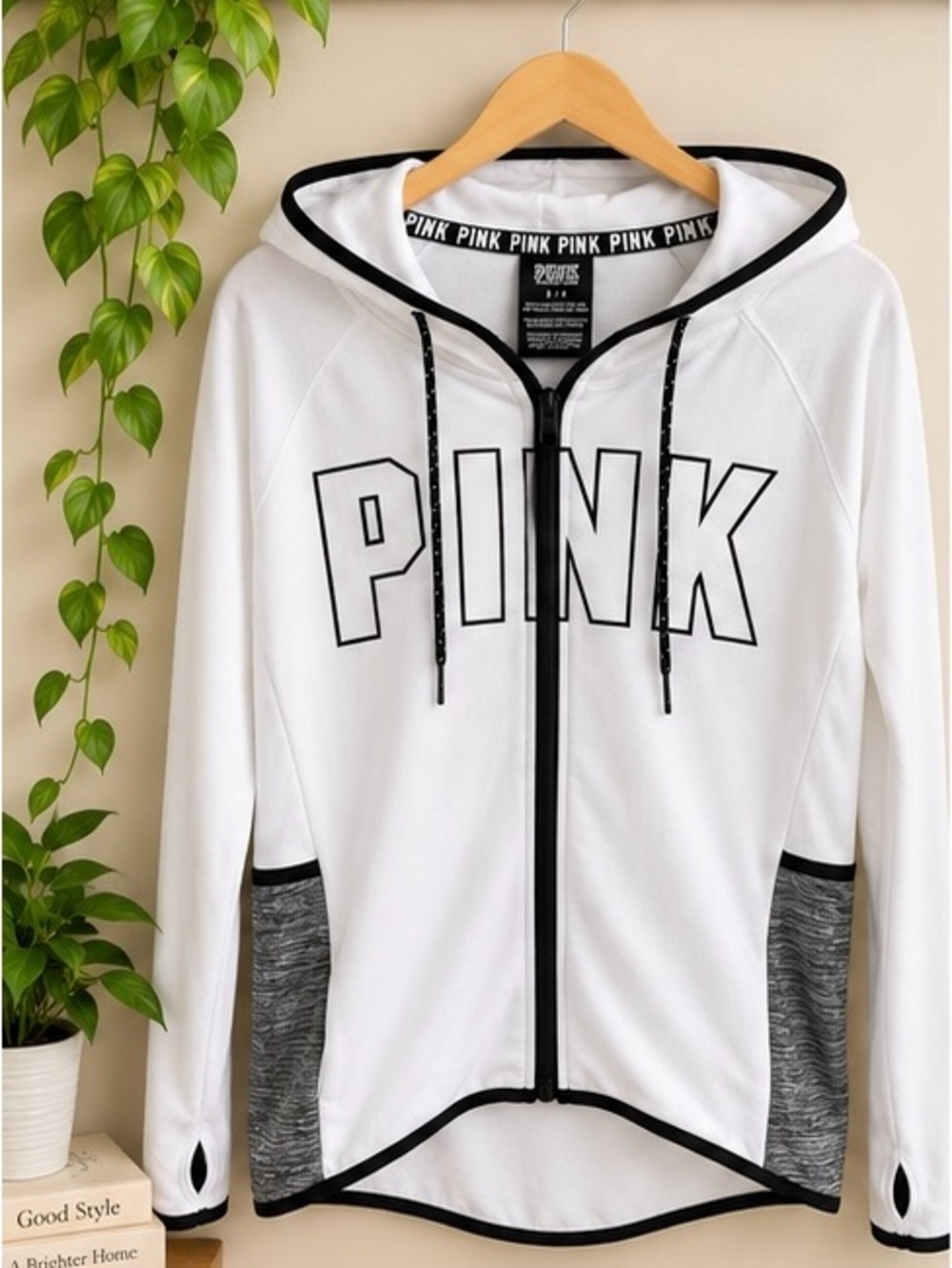 Victoriaās Secret PINK White Full Zip Hoodie Gray Panels Size S NWOT